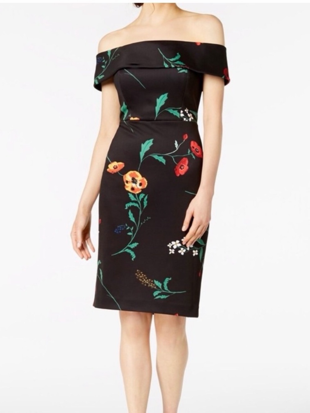 Calvin Klein Black Floral Off Shoulder Midi Sheath Dress Size 4